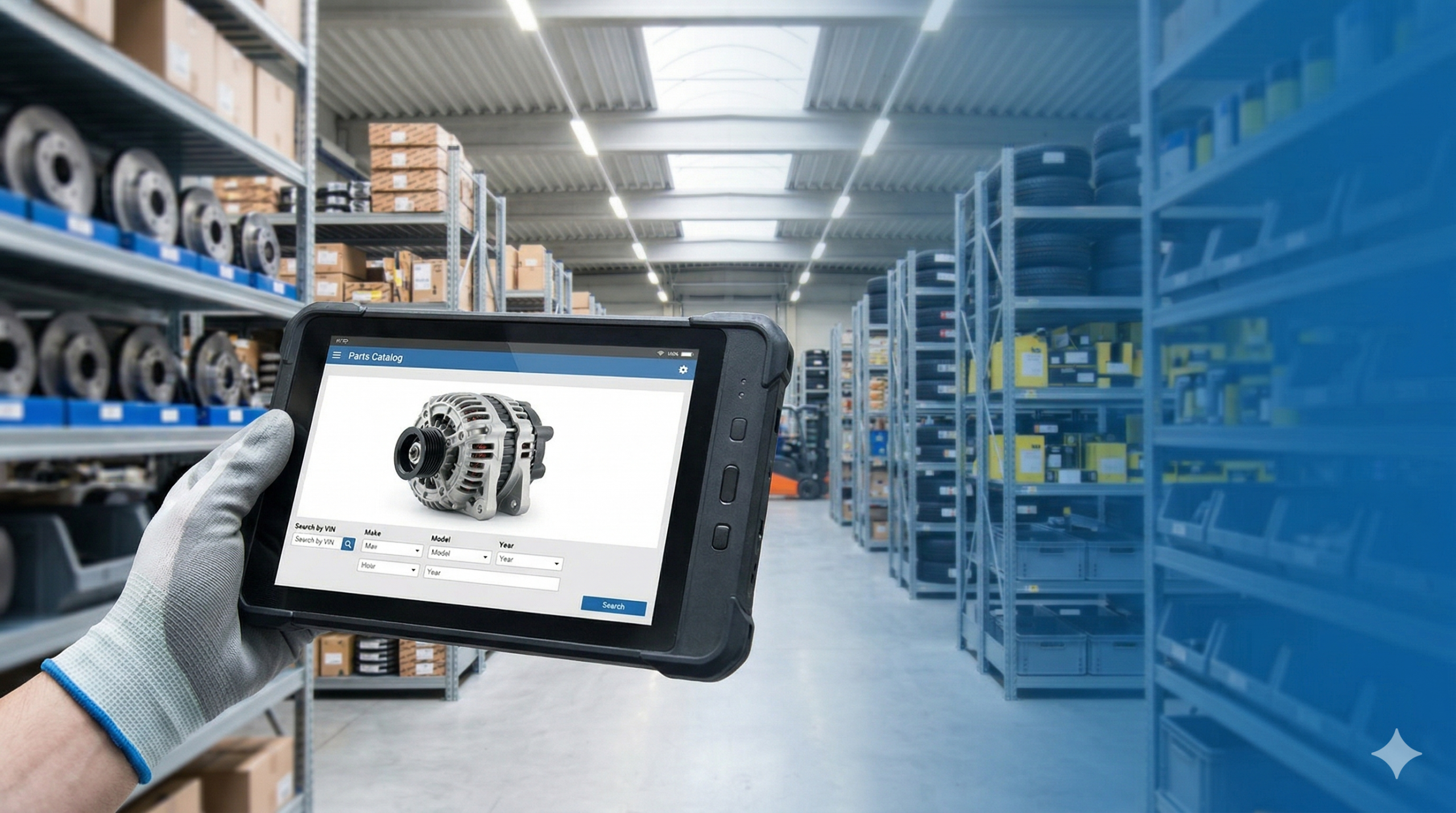 Mano con tablet consultando catálogo digital de Recambios Marpe en almacén